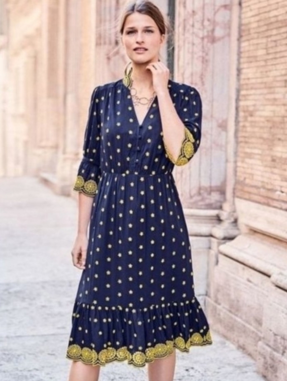 Boden Navy Midi Dress with Yellow Embroidery